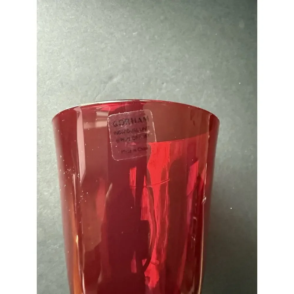 Gorham Touch Of Gold Glass Goblets Berry Red Clear Stem Set (2) Modernist MCM 9”